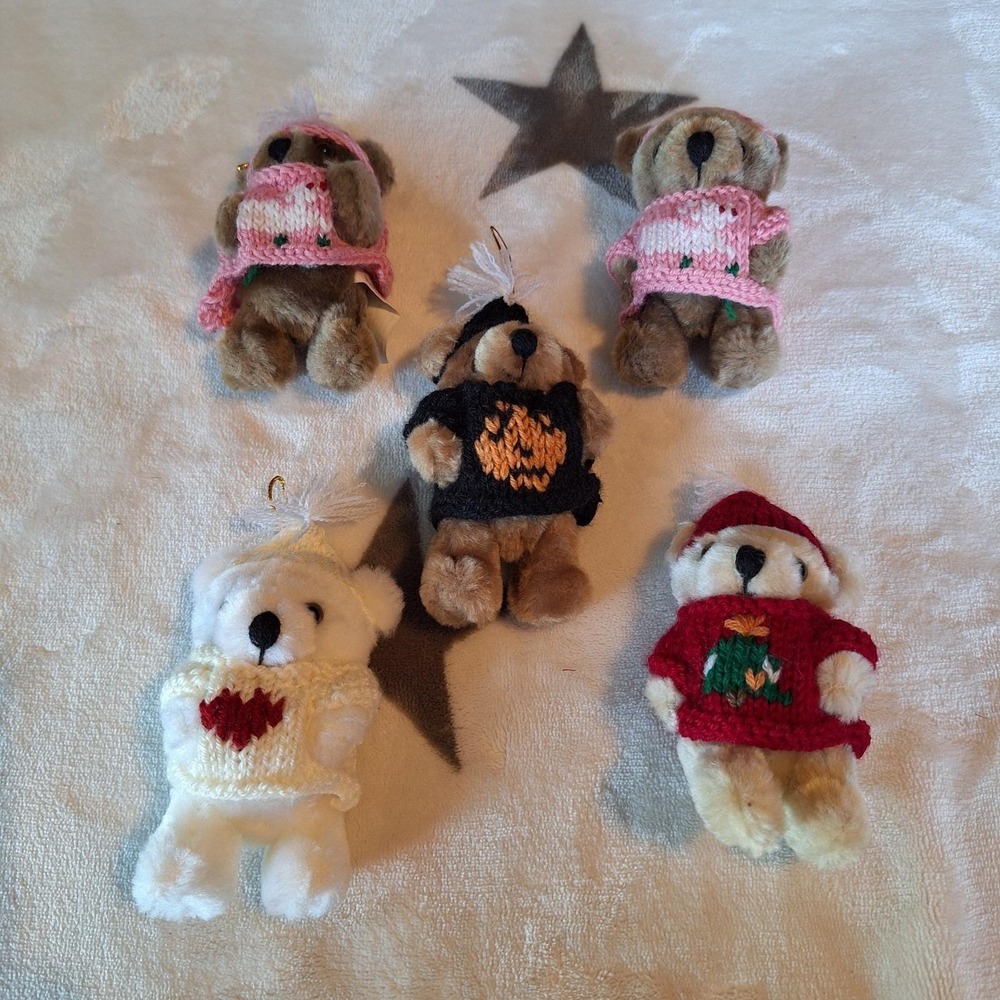 Set of 5 Seasonal Jointed Teddy Bear Animal Christmas Holiday Ornaments Mini